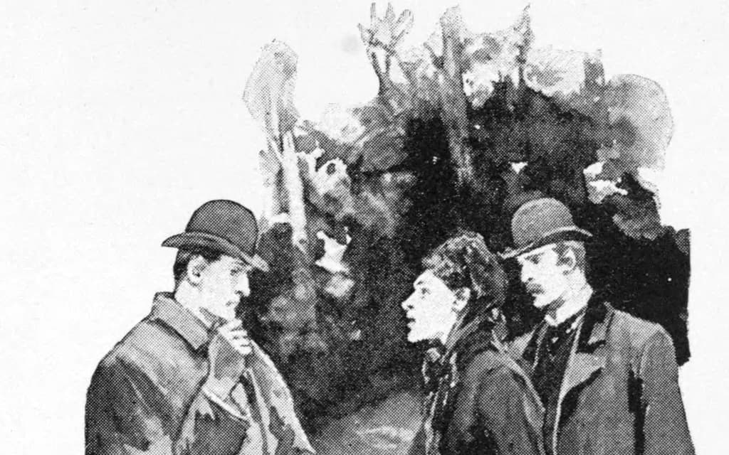 Sidney Paget's 1892 Strand Magazine illustration for The Adventure of the Speckled Band, with Holmes and Watson listening to a veiled client
