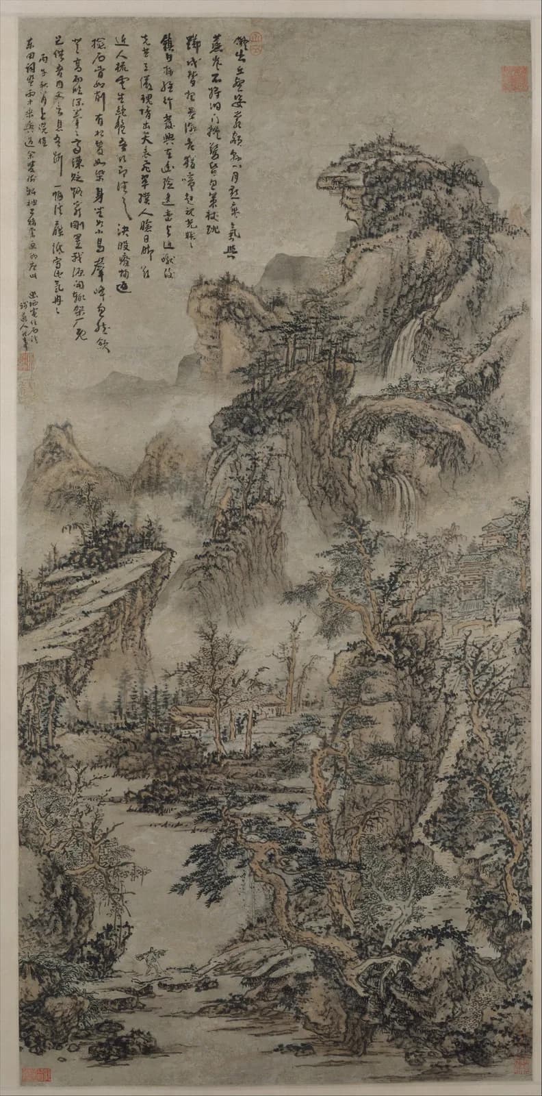 Kuncan's seventeenth-century hanging scroll Wooded Mountains at Dusk, a tall ink landscape of wooded slopes fading into mist, from the collection of the Metropolitan Museum of Art