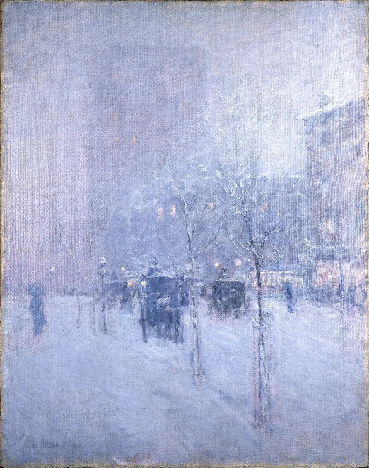 An impressionist painting of a snowy New York avenue in pale violet winter light, with bare trees, a few figures and horse-drawn carriages fading into the haze