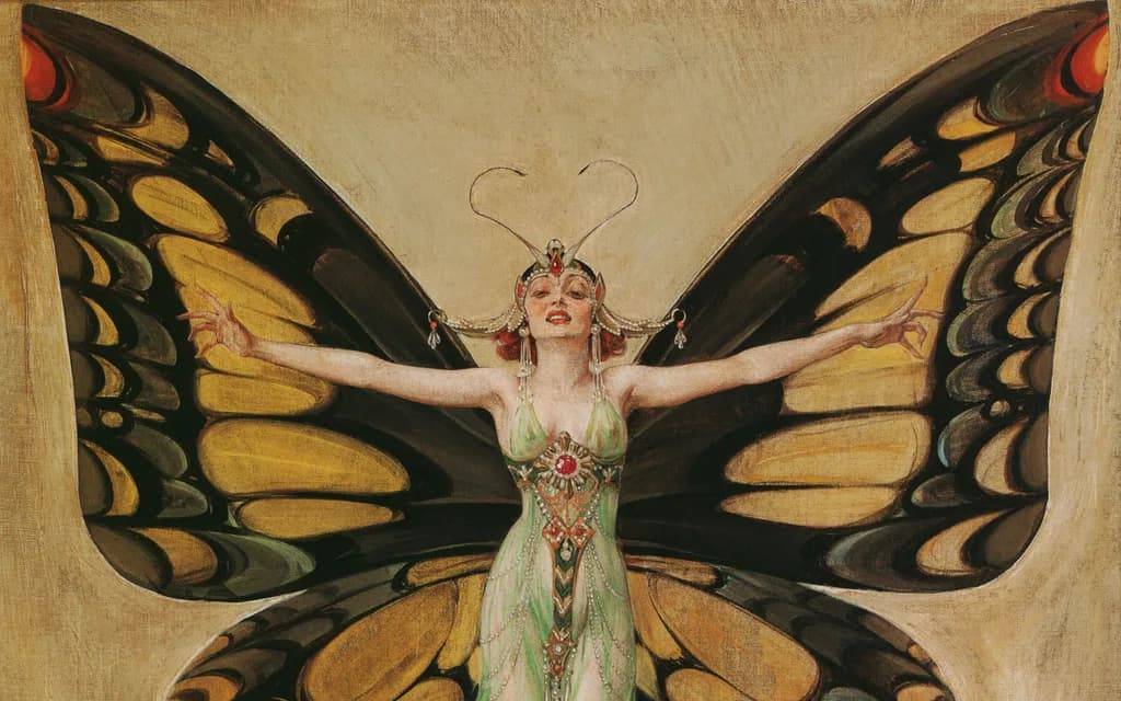 Frank Xavier Leyendecker's 1922 Life magazine cover The Flapper: a woman in a jewelled gown with enormous butterfly wings