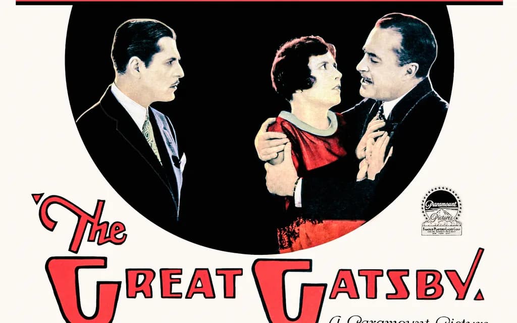The 1926 theatrical release poster for the silent film of The Great Gatsby, showing Gatsby, Daisy and Tom in a black circle