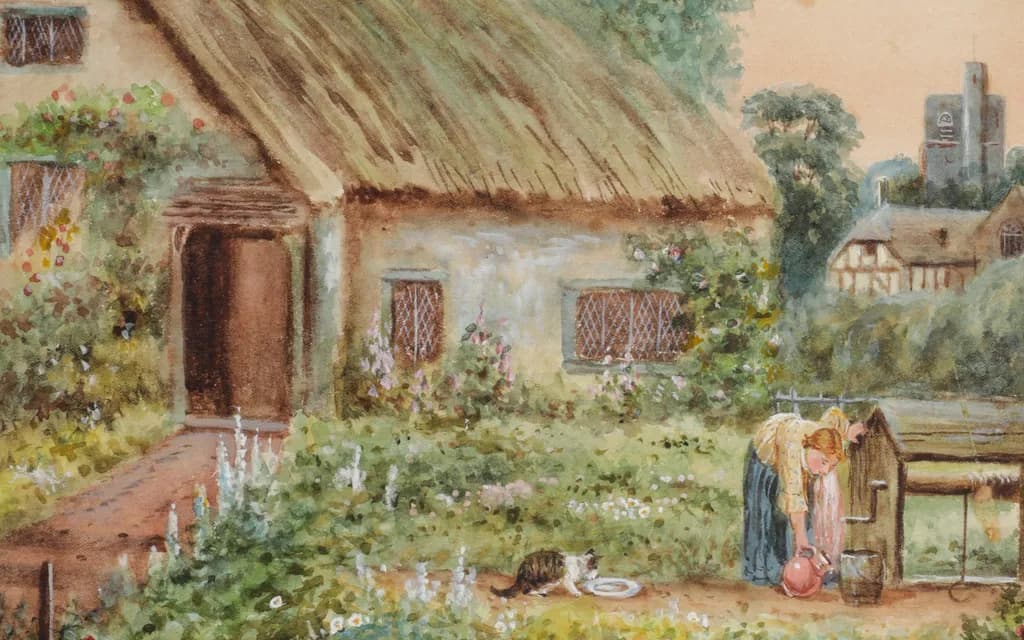 Helen Allingham's 1894 watercolour of a thatched cottage and its flower garden, with two figures at a well