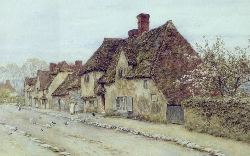 Helen Allingham's watercolour of an English village street of thatched cottages, with figures walking the lane
