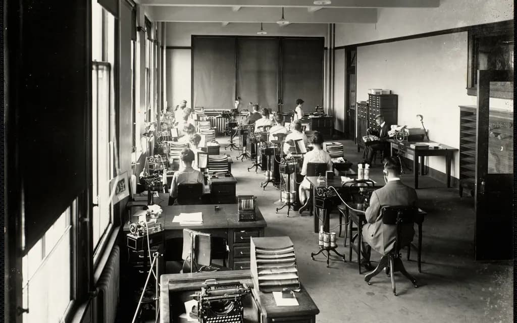 A large 1920s office lined with desks, each with a cylinder dictating machine and its listening tube