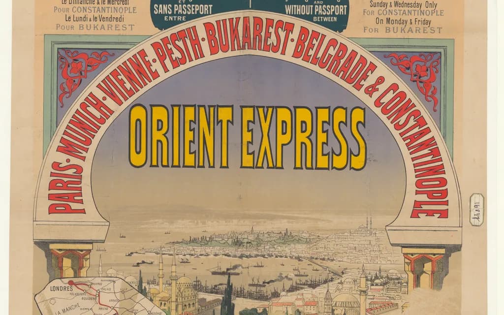 The 1888 Orient Express advertising poster, its route arch over a panorama of Constantinople