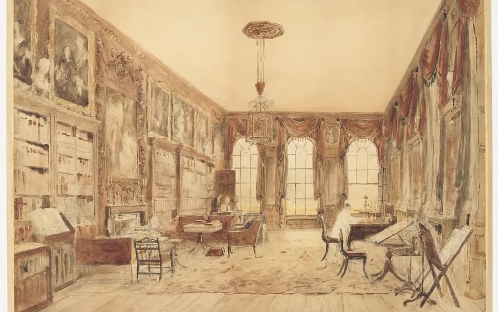 A watercolour of an English country-house library, bookcases to the ceiling and a lone figure writing at a desk by the window