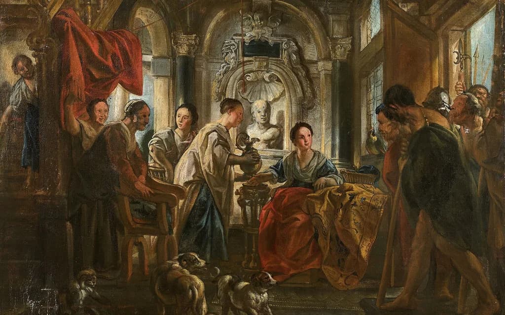 Telemachus presenting a guest to Penelope in a crowded Ithacan hall, attendants and dogs around them — Jacob Jordaens, 17th century