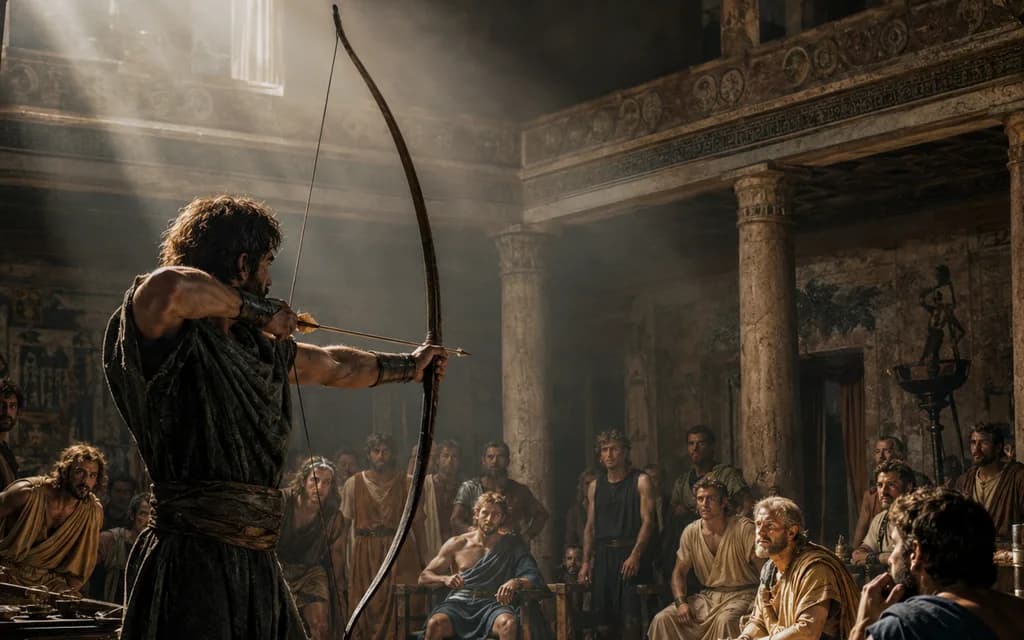 A man draws a longbow in a sunlit hall as a crowd of seated men look on