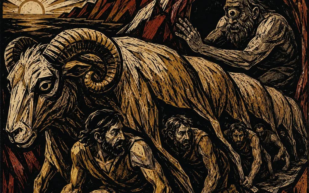 Men crouch beneath a giant ram to slip past a one-eyed giant guarding a cave at dawn