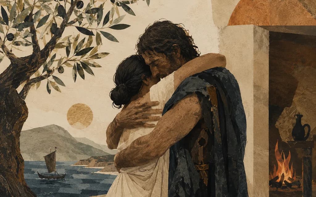 Odysseus and Penelope embrace beside an olive tree, their ship on the water and a hearth fire behind them