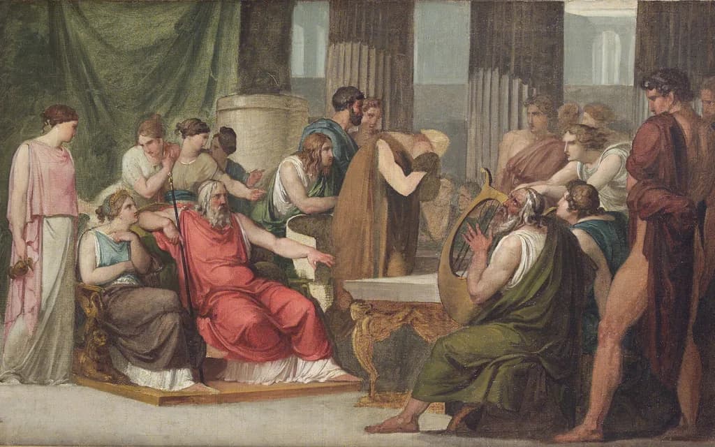 Odysseus weeping at the court of Alcinous while a bard plays the lyre and sings the war back at him — Francesco Hayez, c. 1814–15