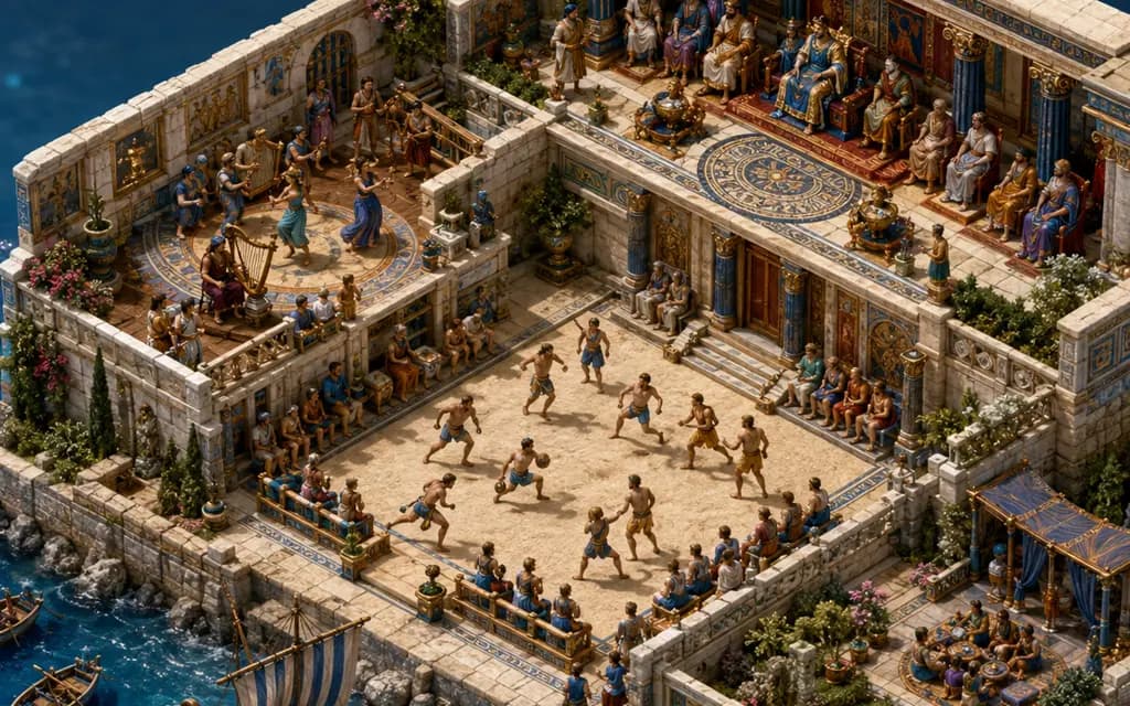 An isometric palace courtyard hosts a feast, dancers, and athletes competing by the sea