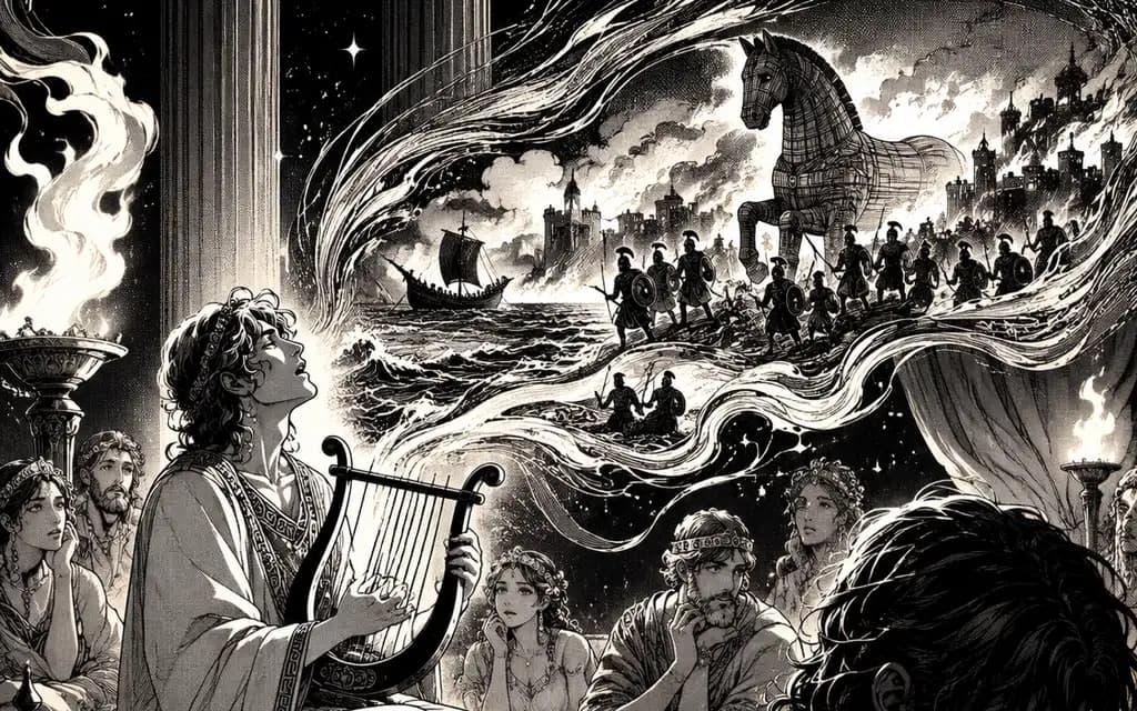 A bard sings by firelight as a feast guest weeps, a wooden horse and burning city rising in the smoke above him