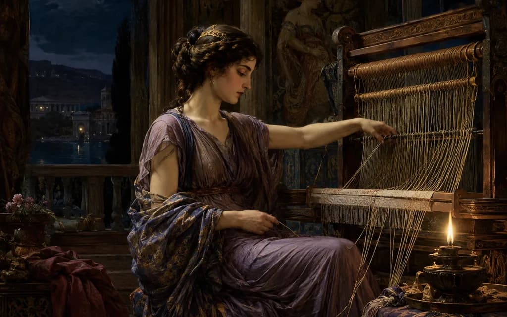 Penelope works her loom by candlelight, a city visible through the window behind her
