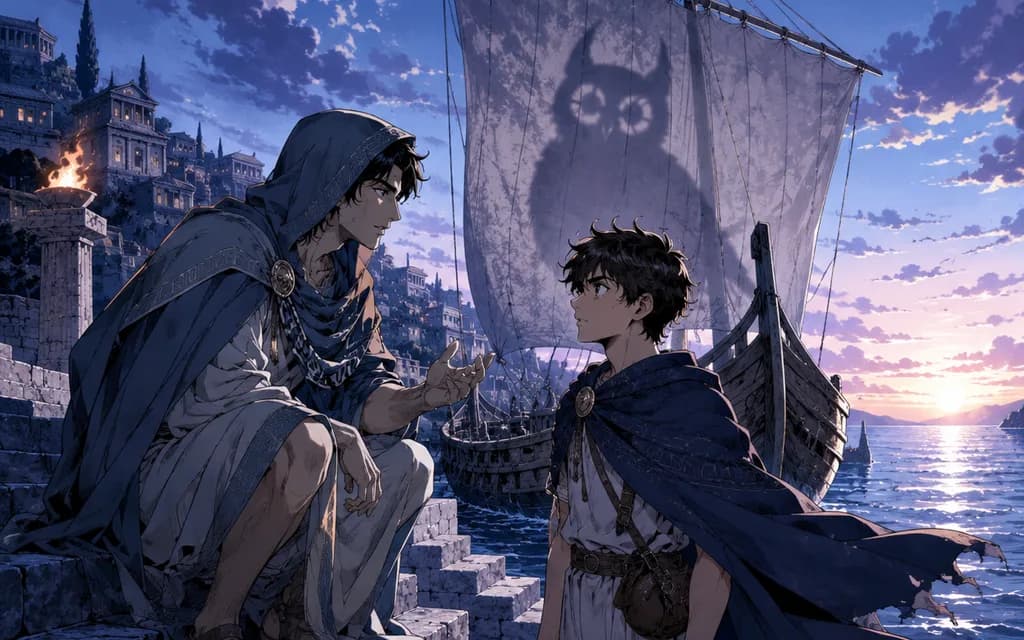 A cloaked man and a young traveler talk on harbor steps beside a ship with an owl shadowed on its sail