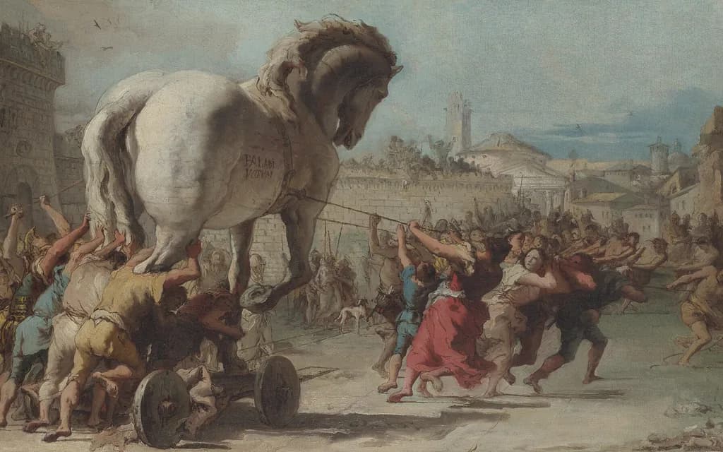 Crowds hauling the wooden horse in through the gates of Troy — Giovanni Domenico Tiepolo, The Procession of the Trojan Horse in Troy, c. 1760