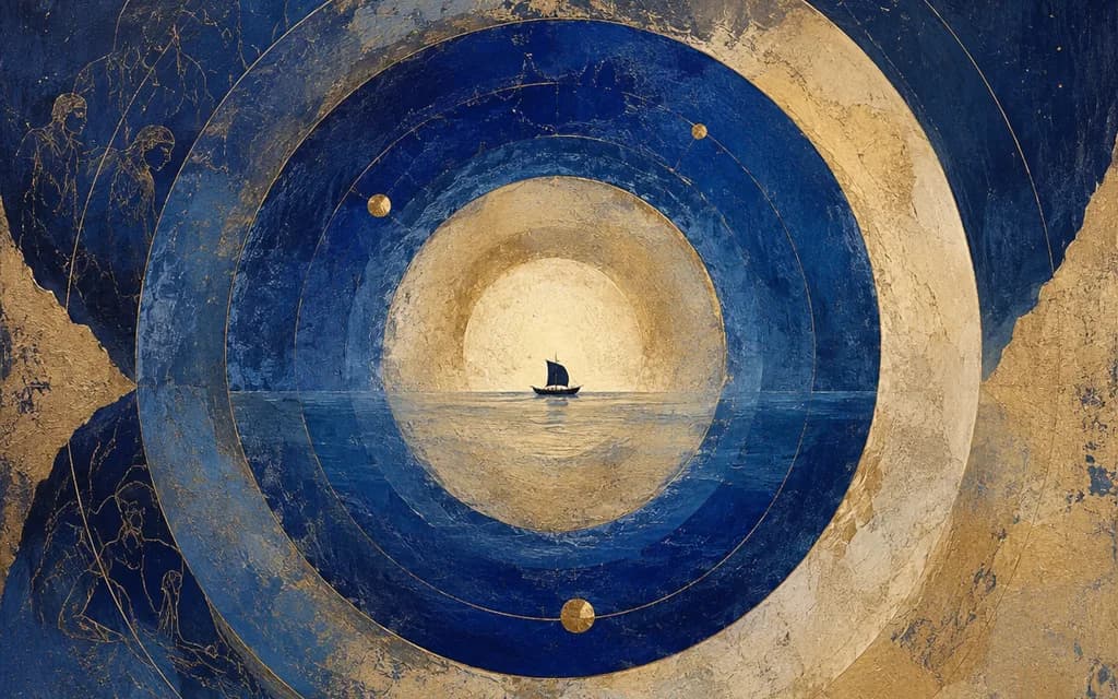A lone ship crosses a sea ringed by circles of deep blue and gold, sailing toward a bright horizon