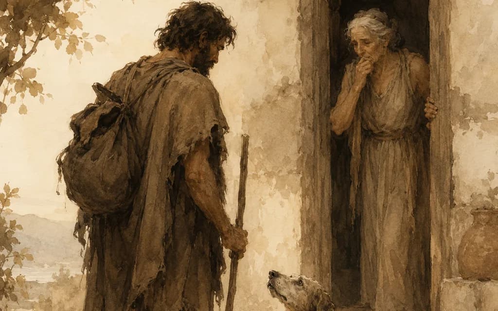 A ragged, disguised traveler and his old dog meet at a doorway, an old woman watching from inside