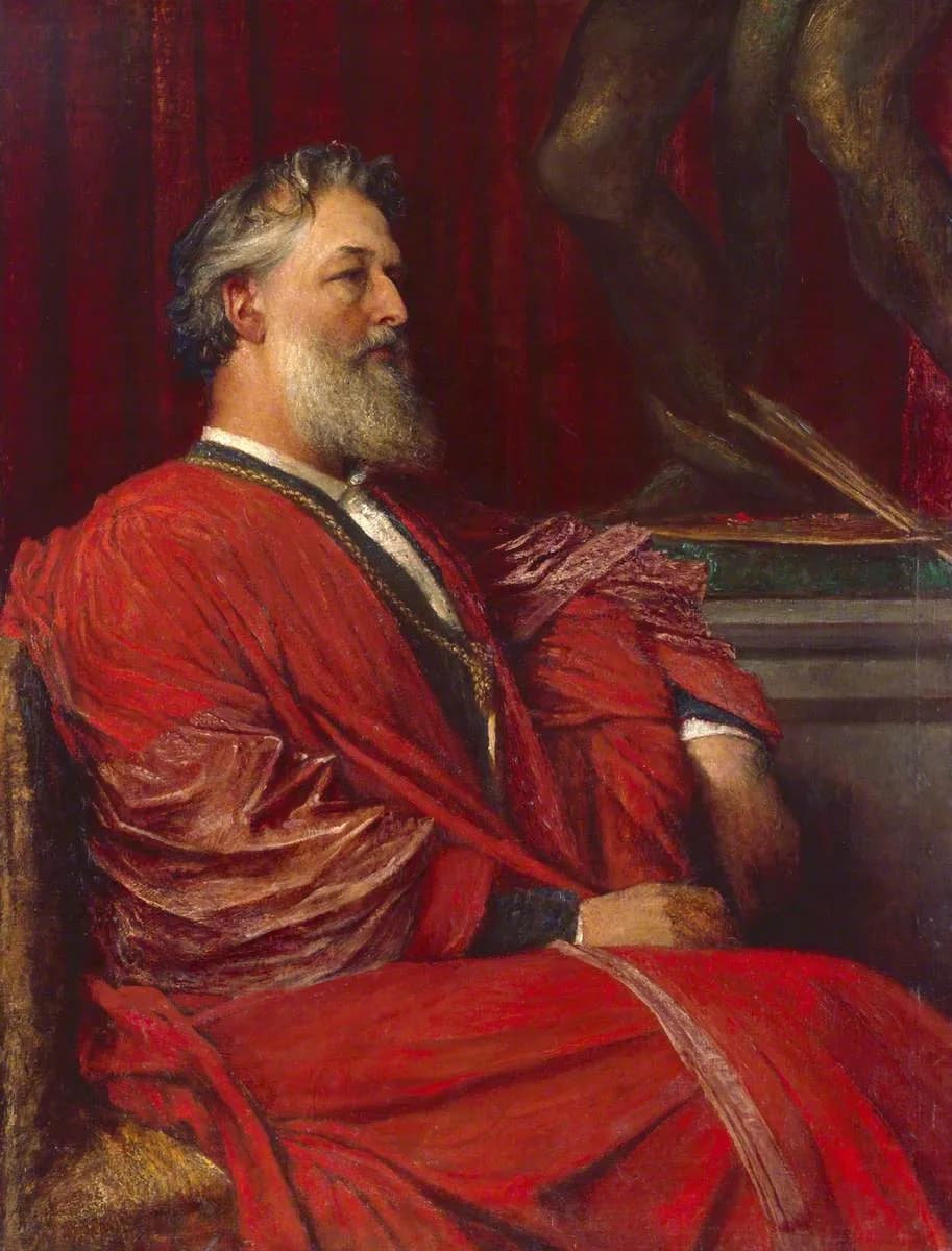 An oil portrait of a bearded Victorian man in a dark coat, turned three-quarters towards the viewer against a plain dark ground