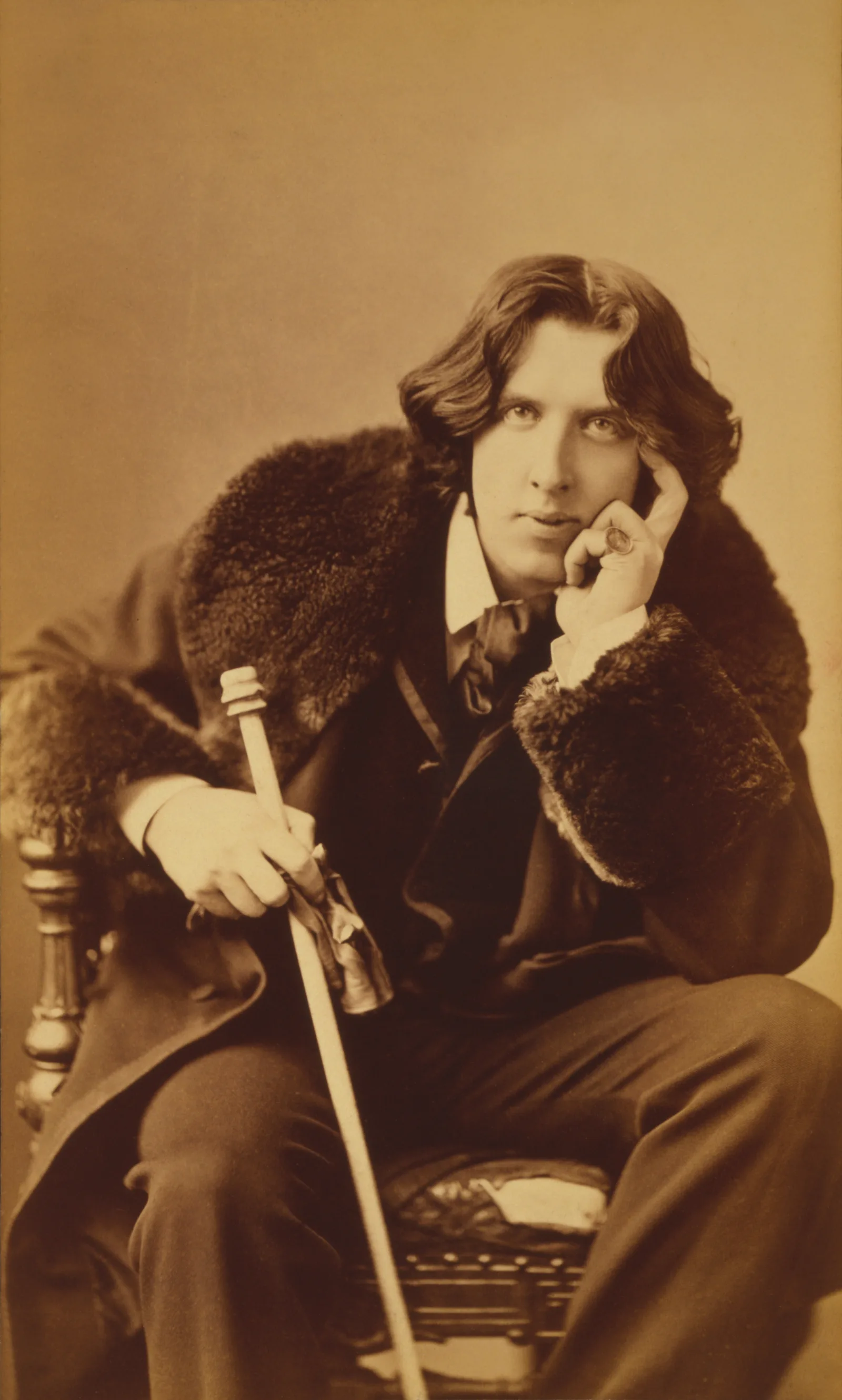 A studio photograph of Oscar Wilde in 1882, seated in a fur-trimmed coat with one hand raised to his chin, looking directly at the camera