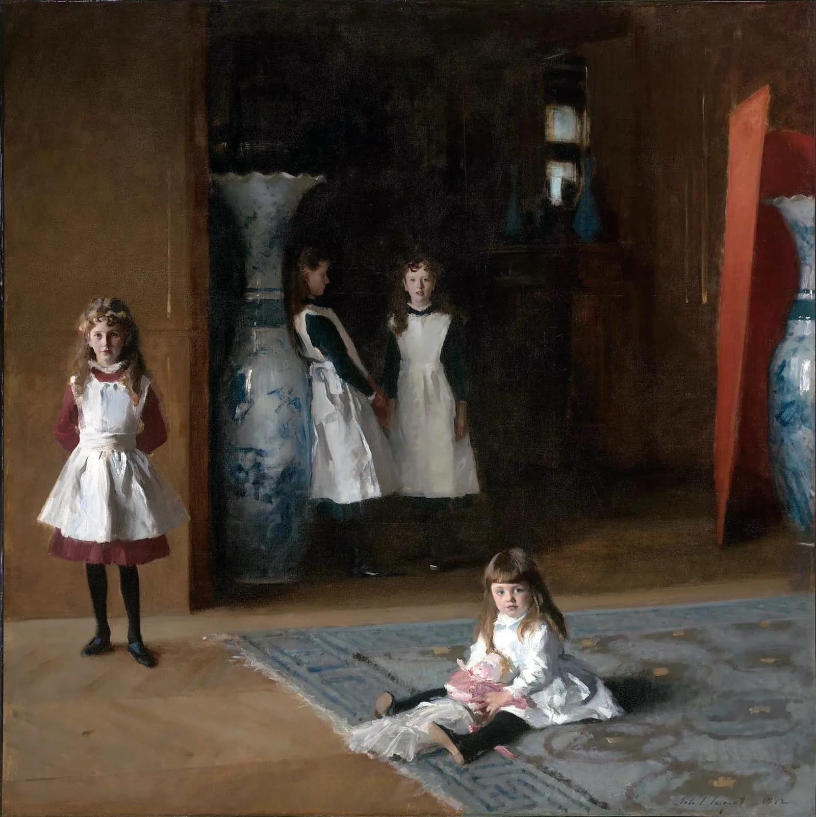 An oil group portrait of four figures in a large, dim panelled room, two standing in the light at the front and two further back in shadow