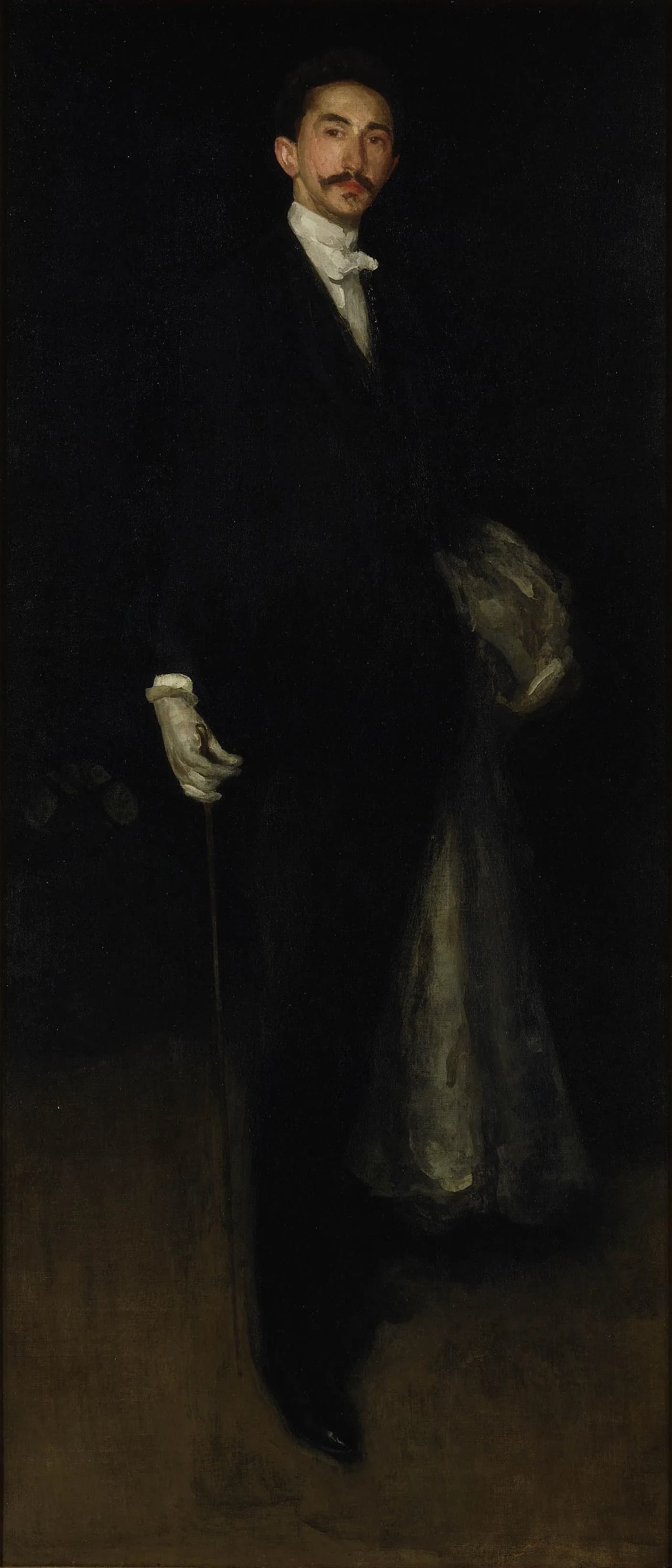 A tall, narrow full-length oil portrait of a slim man in a black evening coat holding a pale fur over one arm, against a dark ground