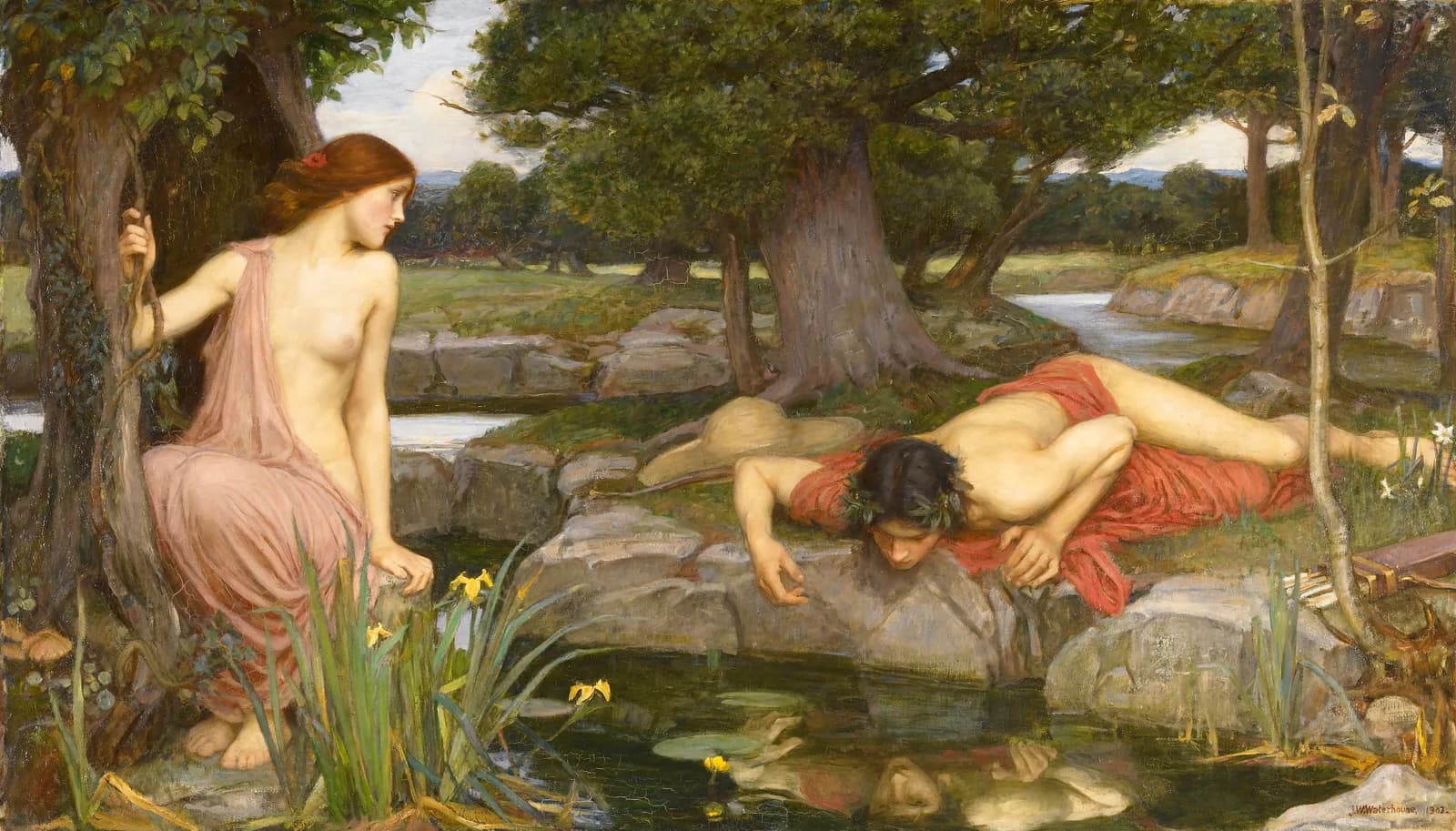 An oil painting of a young man lying on a riverbank gazing at his own reflection in still water, a woman watching him from the far side
