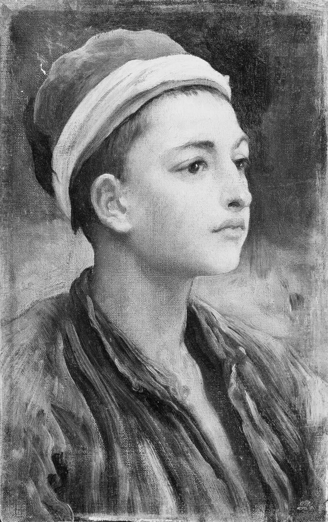 An oil portrait of a young man in a loose shirt, dark curls and a red cap, looking away from the viewer against a warm ground