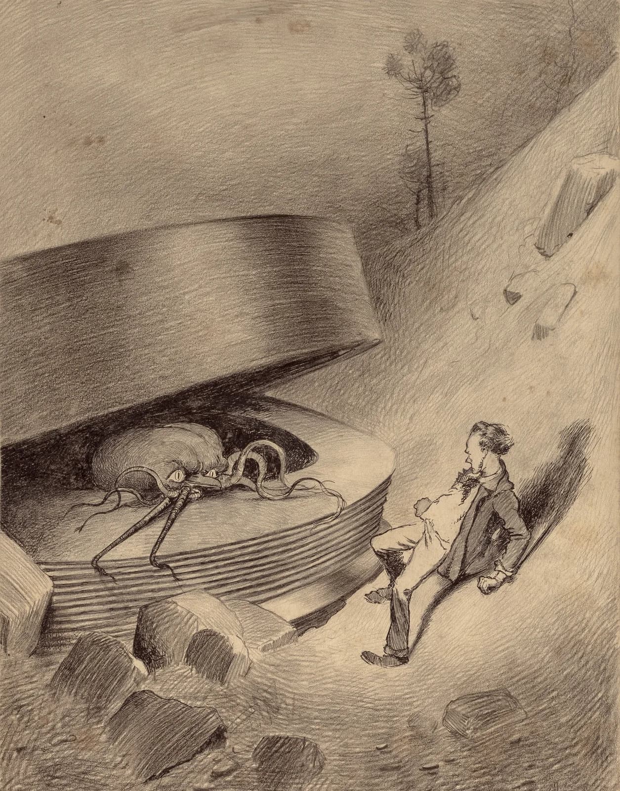 A pencil and ink drawing of the opened cylinder in the sand-pit with a tentacled shape rising out of it while two men in Victorian dress scramble up the slope away from it