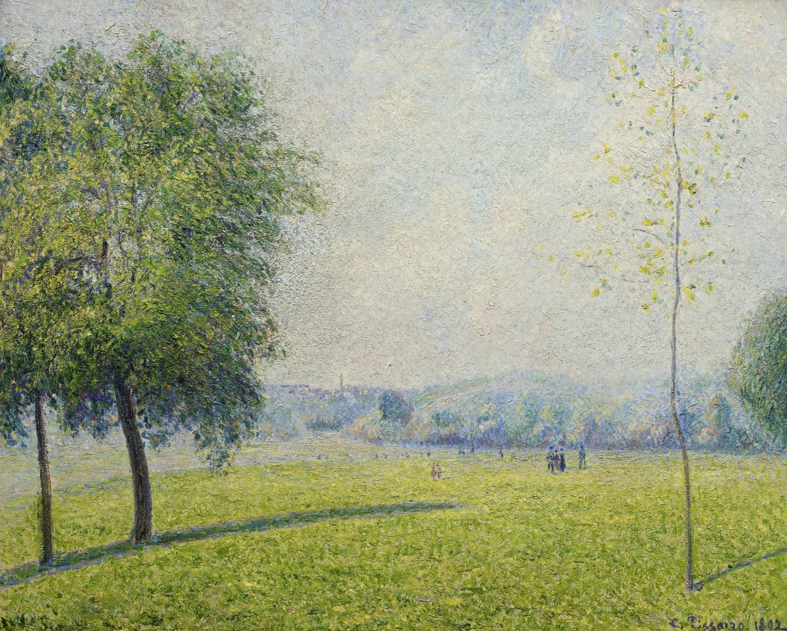 An impressionist painting of Primrose Hill in London in pale spring light: a wide green lawn, two leafy trees at left, a slender sapling at right and a few small figures walking in the distance
