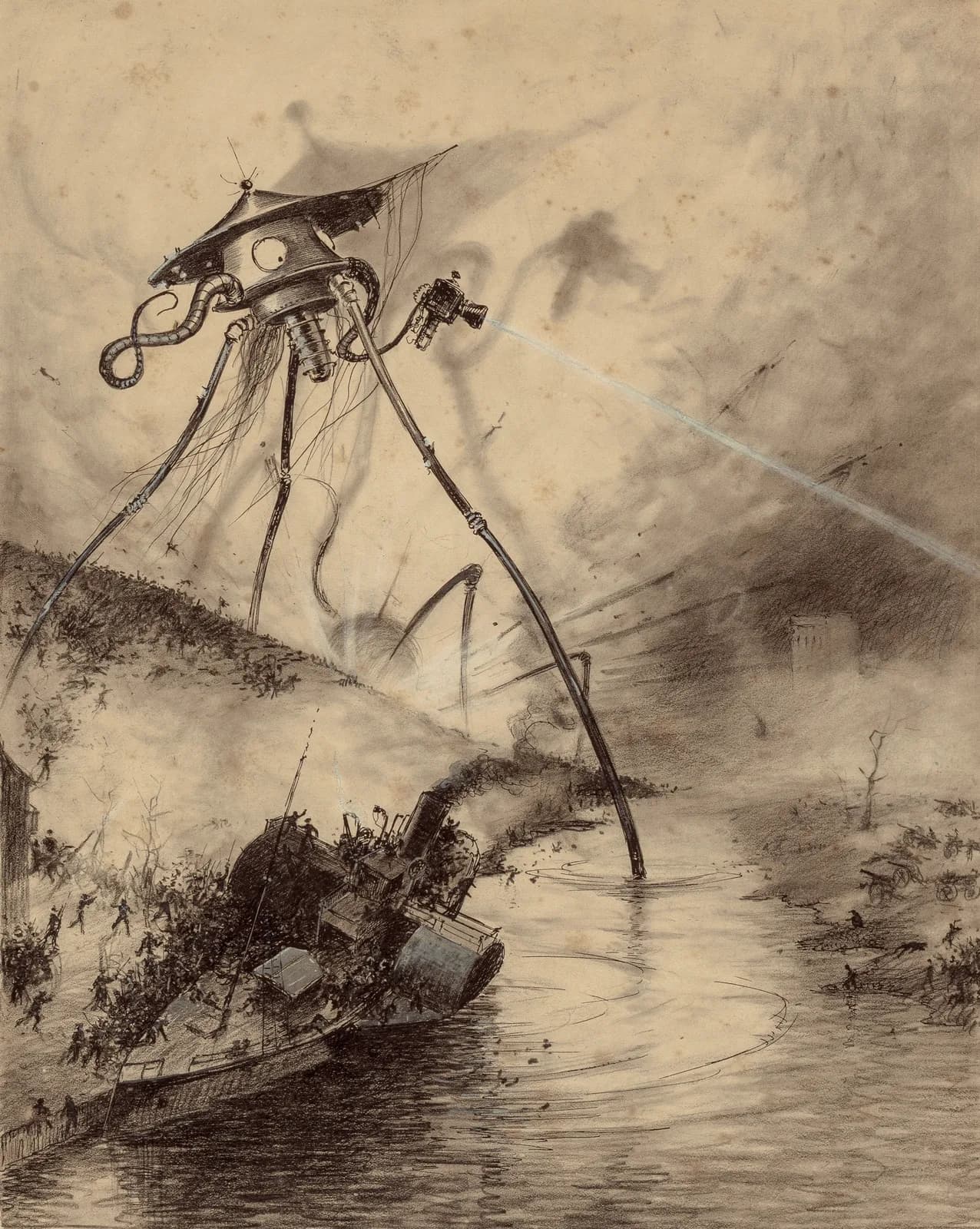 A pencil and ink drawing of a three-legged Martian fighting-machine striding over a river valley and firing a heat-ray down at a wrecked train and fleeing soldiers