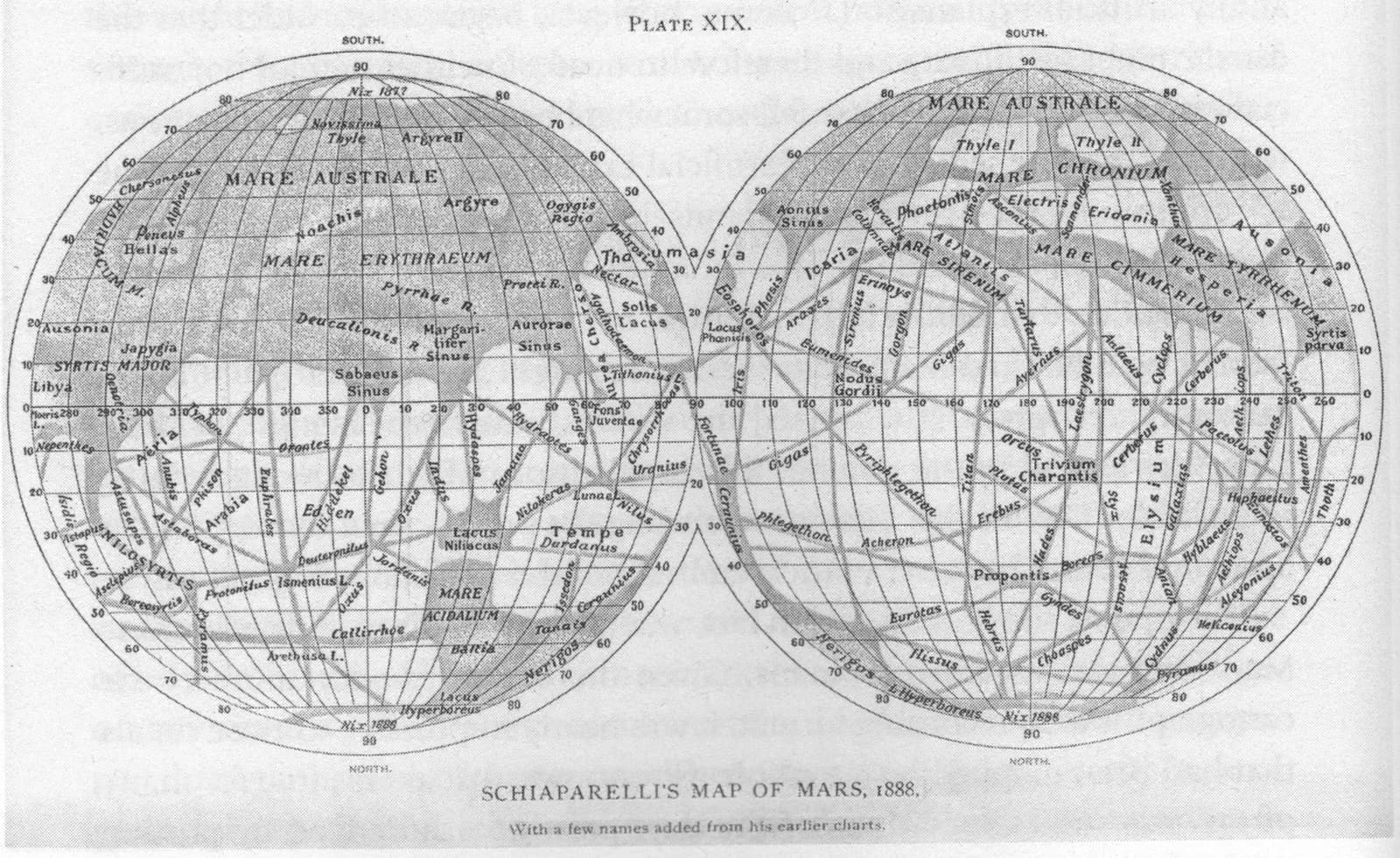 A double-hemisphere engraved chart of Mars covered in named seas and straight-line channels, captioned Schiaparelli's Map of Mars, 1888