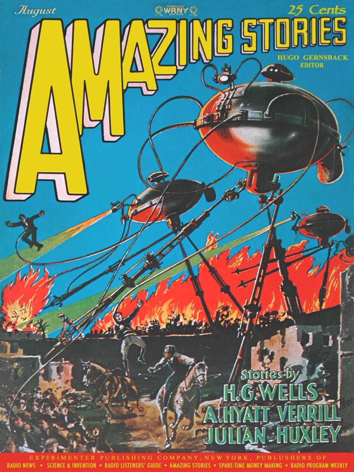The August 1927 cover of Amazing Stories in yellow and blue, showing tentacled walking machines burning a walled city, with the cover line Stories by H.G. Wells