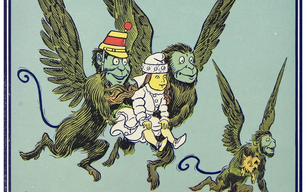 W. W. Denslow's 1900 plate of two winged monkeys carrying Dorothy through the air while a third flies below holding Toto