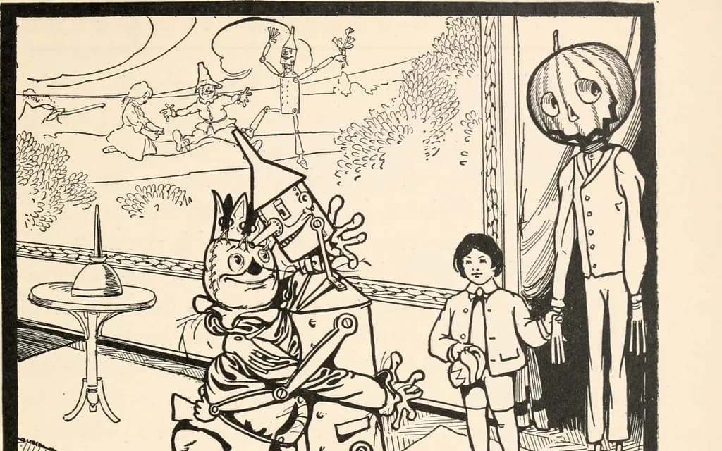 John R. Neill's 1904 illustration of Jack Pumpkinhead and Tip beside the Tin Woodman, with the Scarecrow and Tin Woodman glimpsed in a vignette above, from The Marvelous Land of Oz