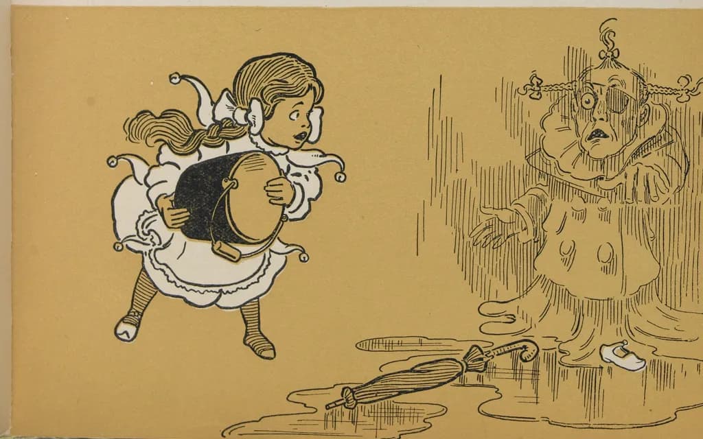 W. W. Denslow's 1900 plate of Dorothy running off with a water bucket while the Wicked Witch of the West dissolves into a puddle beside a fallen umbrella