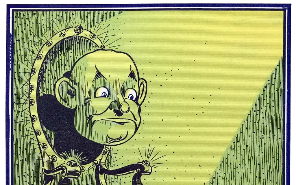 W. W. Denslow's 1900 plate of the Great Head of Oz, an enormous disembodied head with wide eyes resting on a throne