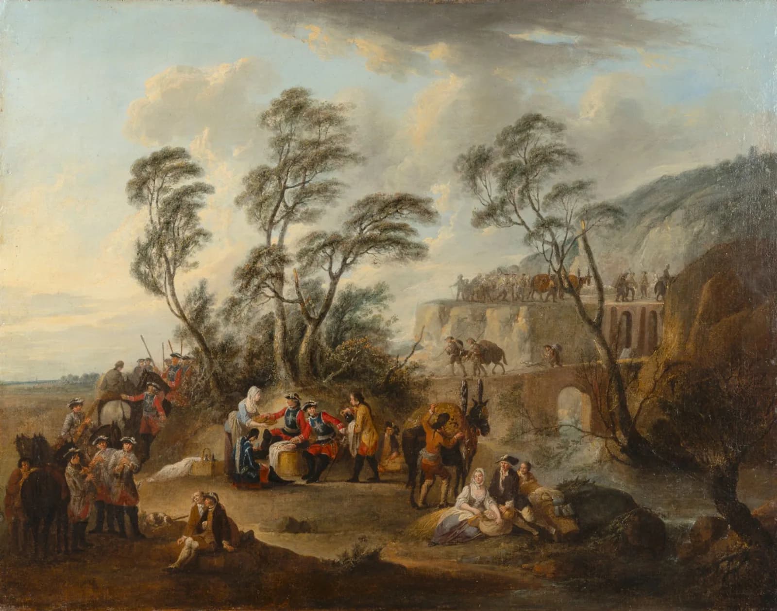 An eighteenth-century oil painting of a bivouac: King's Musketeers resting around a fire with their horses picketed behind them, one man leaning on another's shoulder