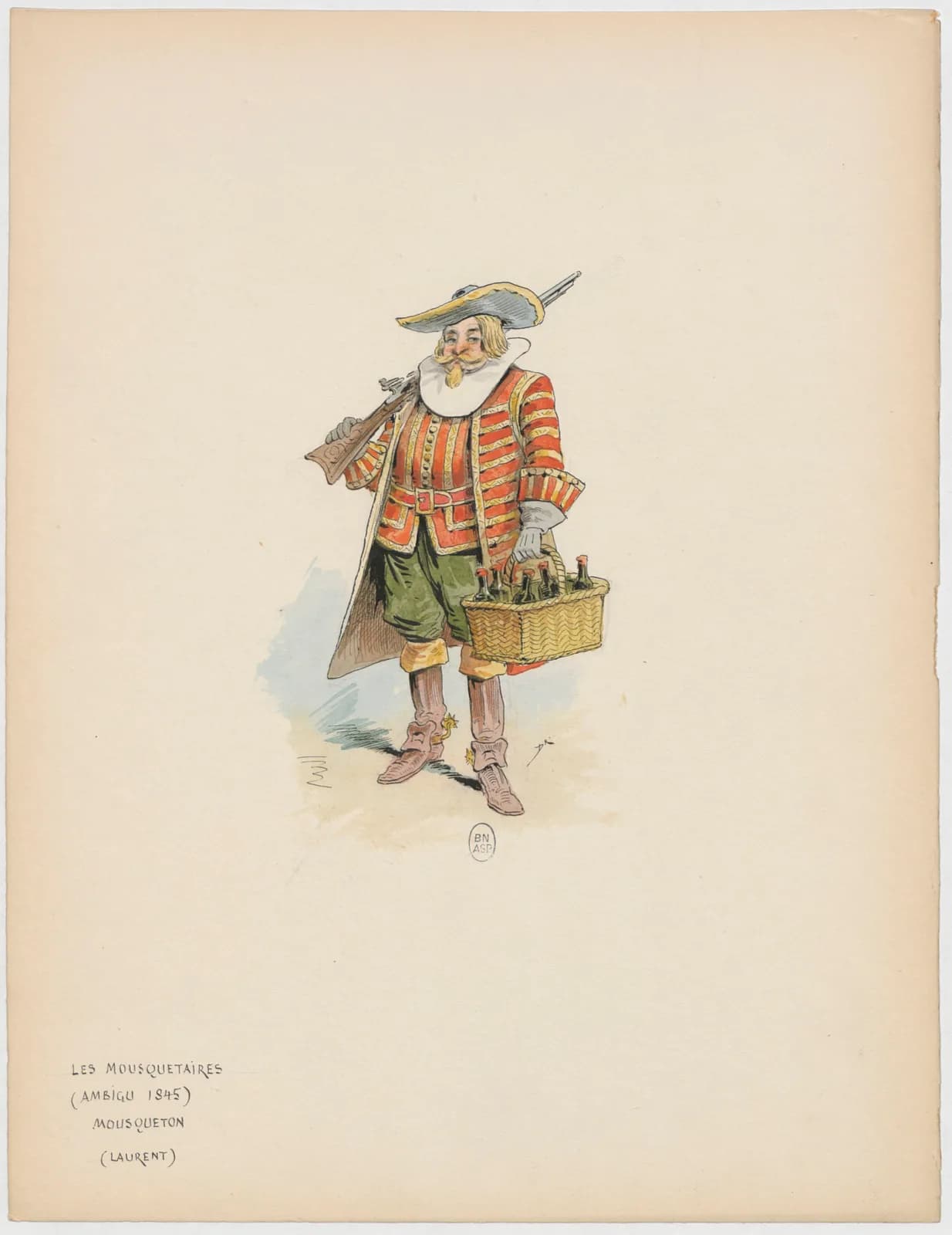 An 1845 costume design in ink and wash for the Paris stage play of Les Mousquetaires, showing the servant Mousqueton in livery, boots and a plumed hat