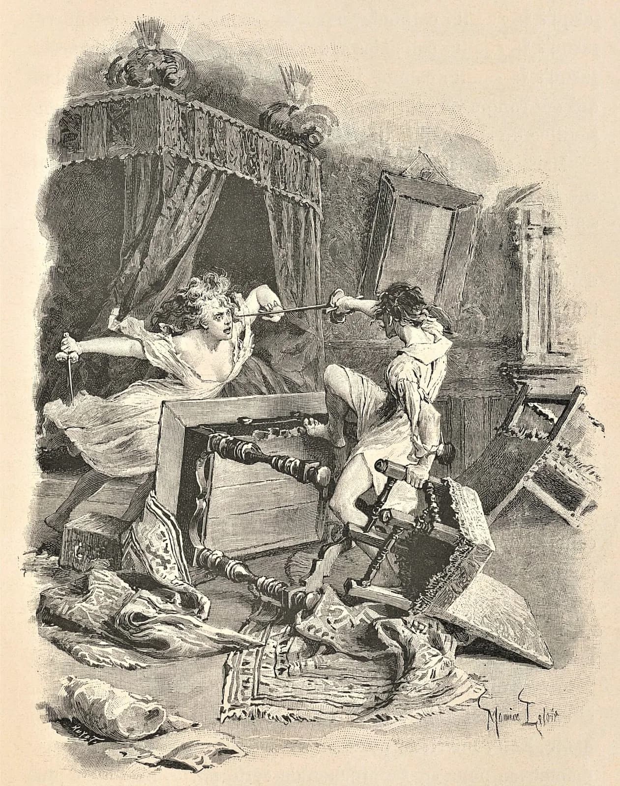 An 1894 engraving of Milady de Winter lunging with a dagger at d'Artagnan in a candlelit bedroom, her hair loose, his arm raised to block her