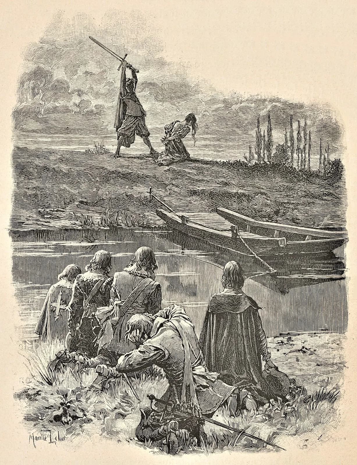 An 1894 engraving of the execution of Milady de Winter: a cloaked executioner at a riverbank at night, a woman kneeling before him, four men watching from the bank