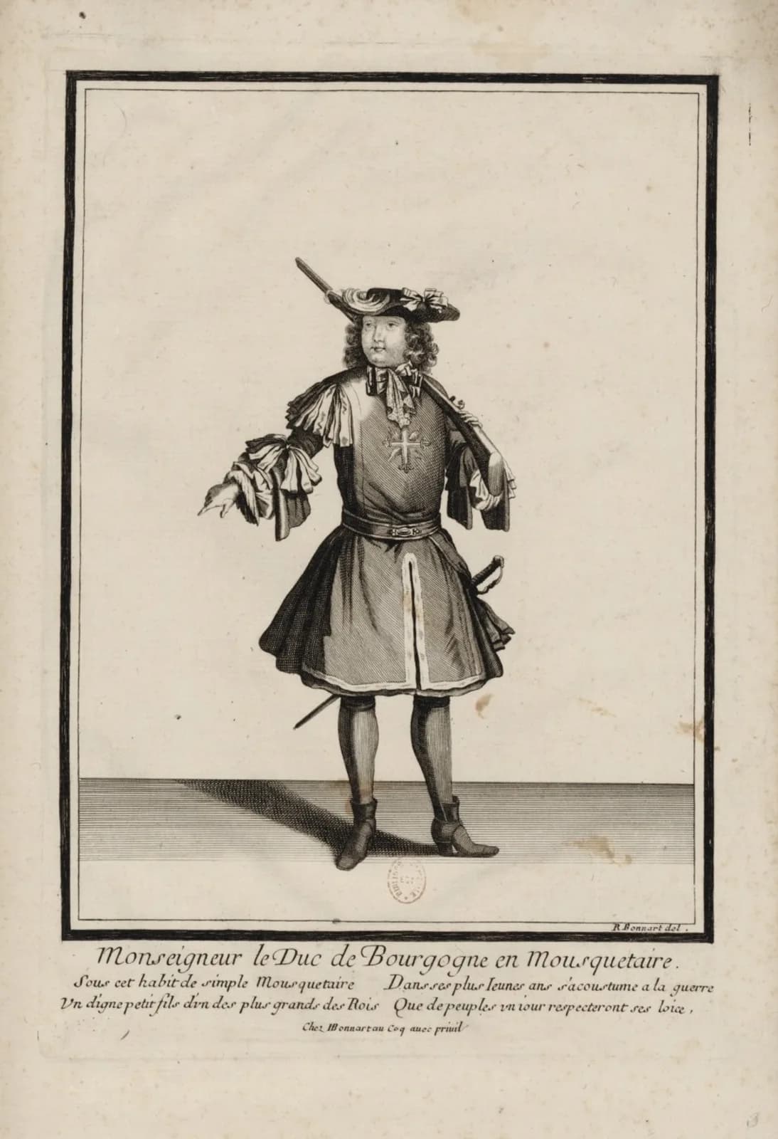 A circa-1690 French engraving of a young nobleman in the full uniform of a King's Musketeer, standing full length with a sword and plumed hat