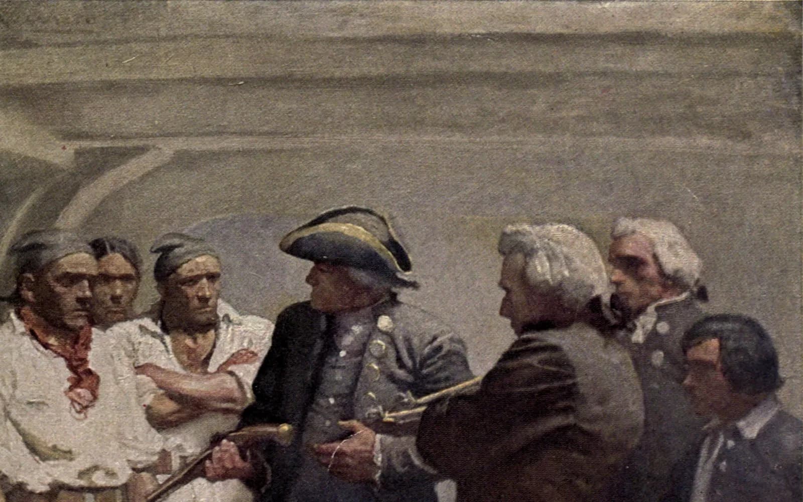 N. C. Wyeth's 1911 plate of a close group of sailors' faces, the man at the centre in a cocked hat talking the rest of them into something