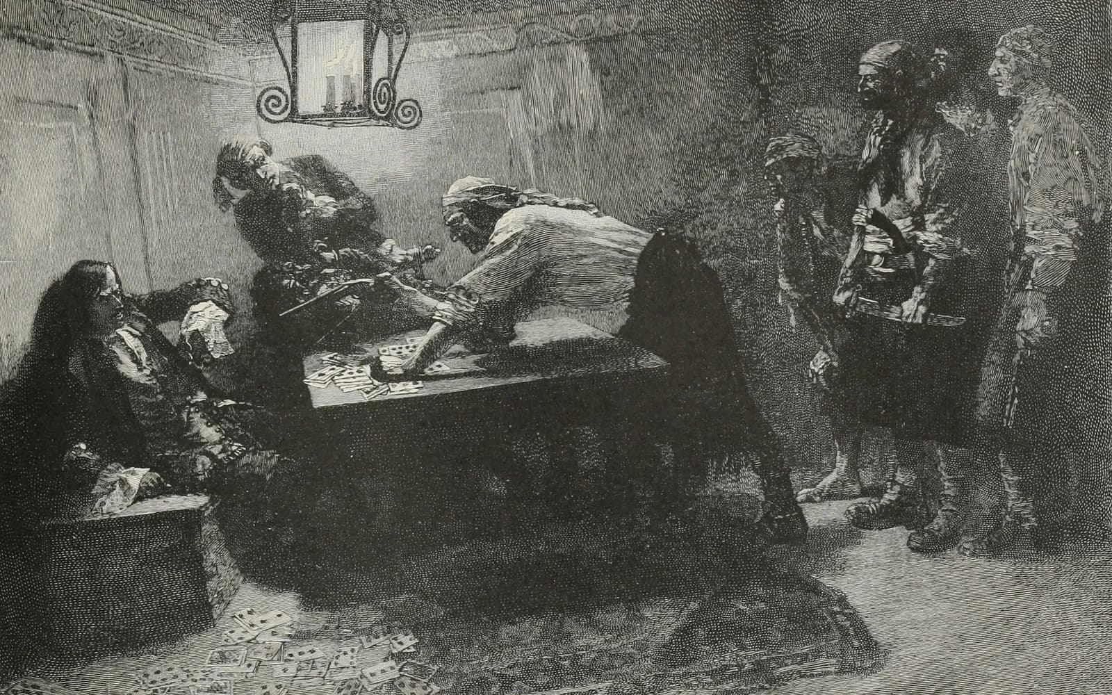 Howard Pyle's 1887 engraving of a captured ship's cabin, armed boarders standing over a table while the crew sit under guard along the wall