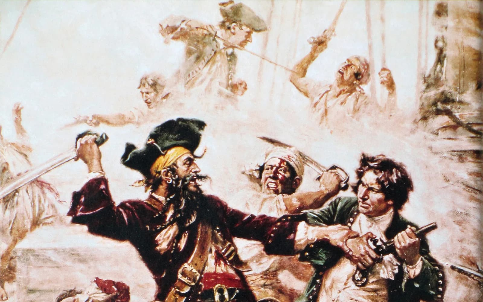 Jean Leon Gerome Ferris's 1920 painting of a boarding fight on a ship's deck, a bearded pirate captain swinging a cutlass at a naval officer