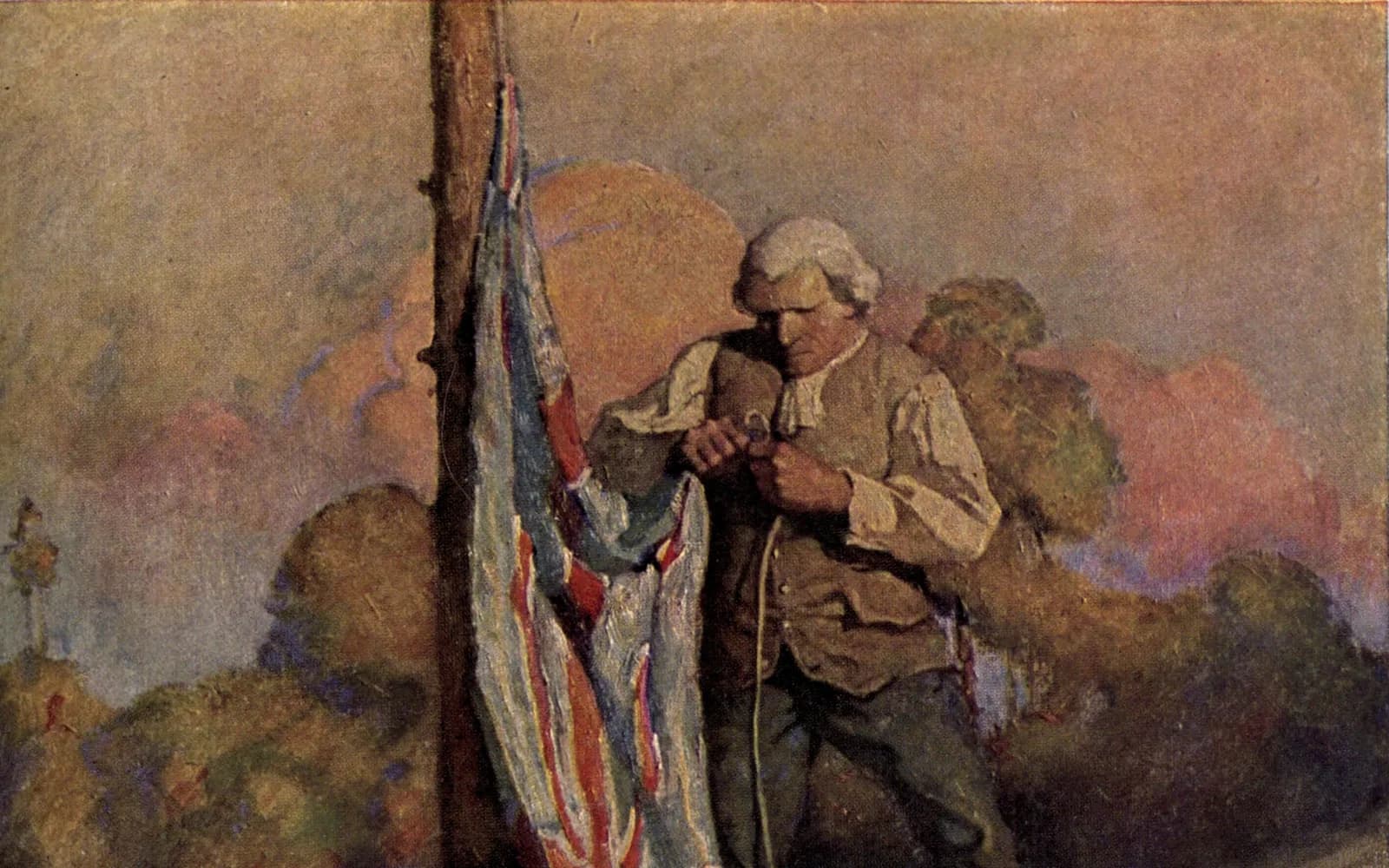 N. C. Wyeth's 1911 plate of Captain Smollett running a flag up a pole beside the stockade, one hand on the halyard and the trees behind him