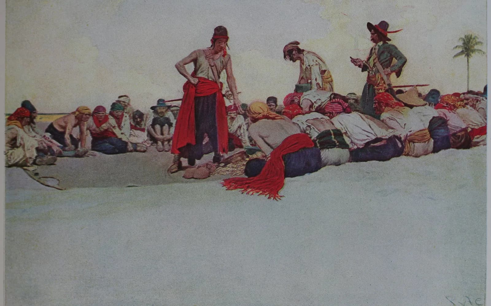 Howard Pyle's 1905 painting of pirates on a pale beach dividing a long row of sacks and bales, three men standing over the heap while the rest sit