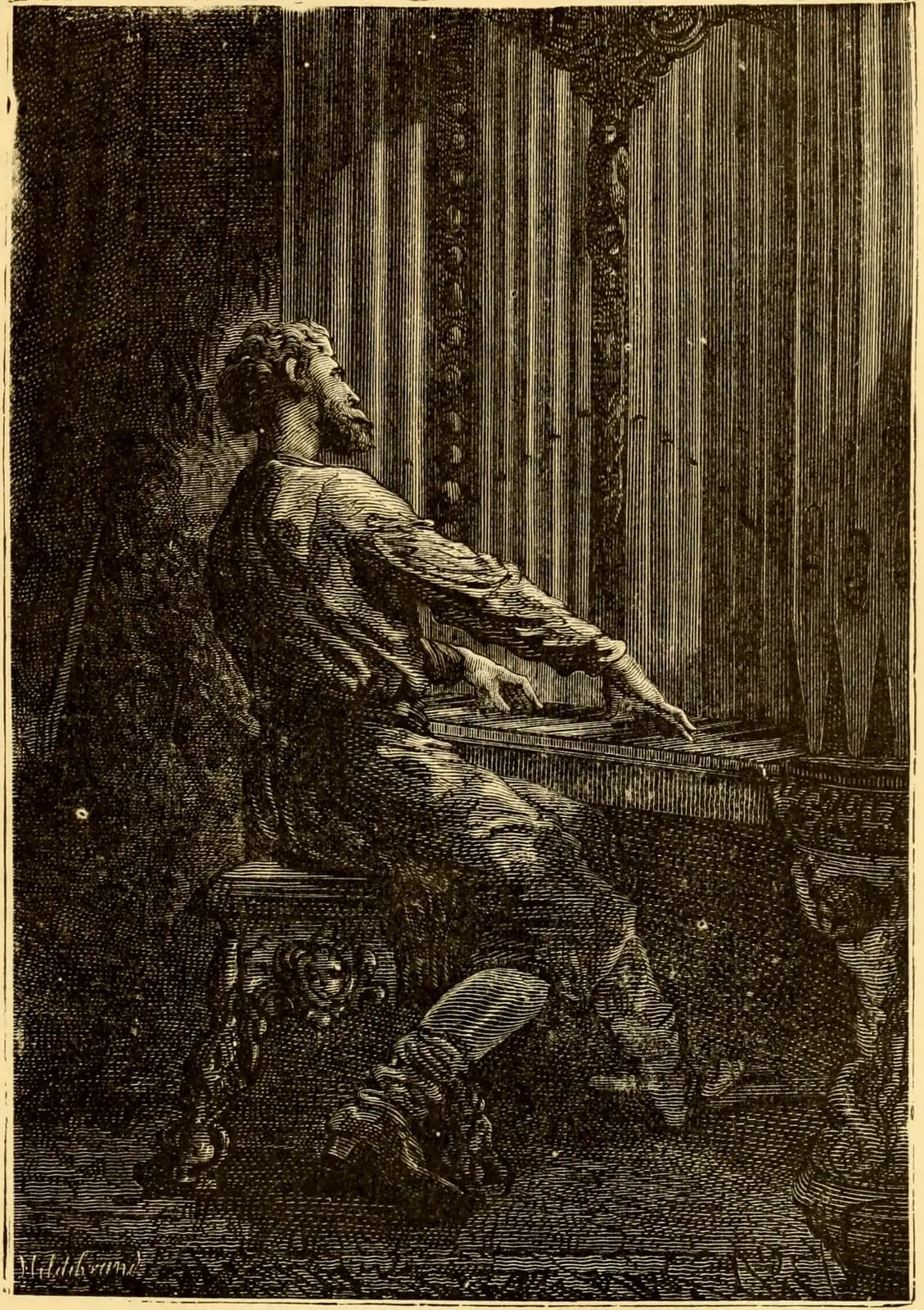 An engraving of Captain Nemo seated at the organ in the darkened salon of the Nautilus, his back to the viewer