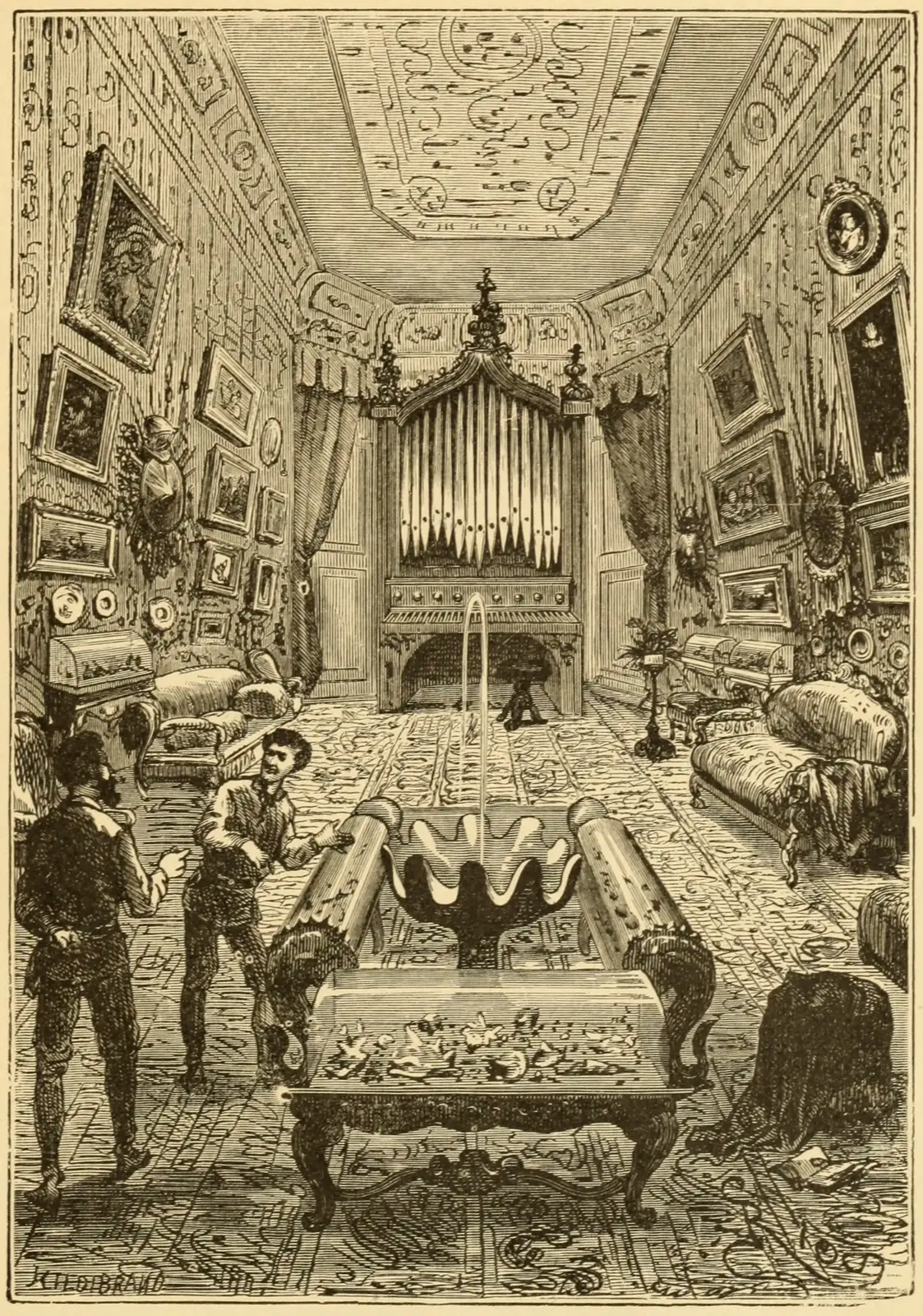 An engraving of the salon of the Nautilus, its walls hung with paintings and cases of specimens, with figures standing at the great window