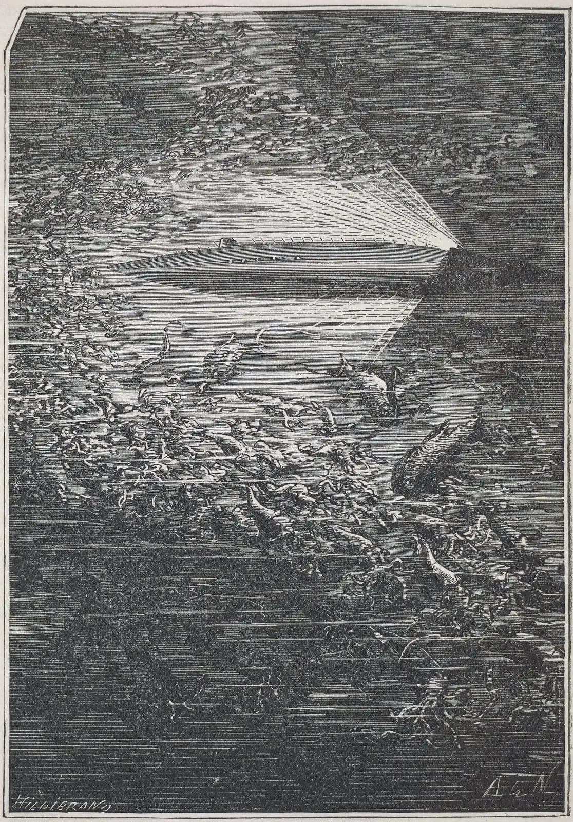 An engraving of the Nautilus riding heavy seas at night with its upper hull and lantern breaking through the surface